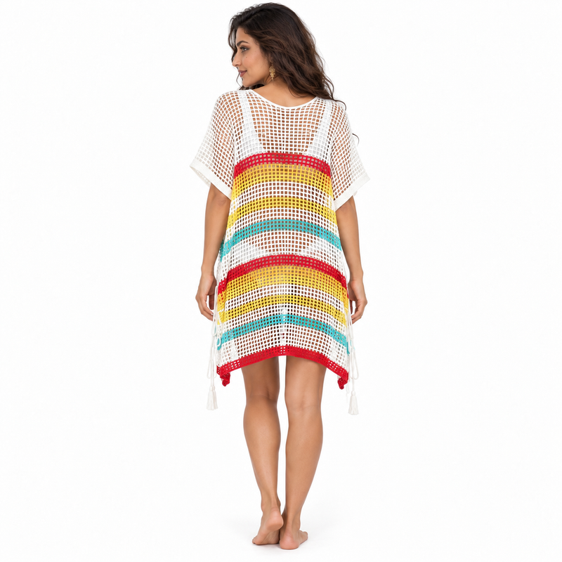 White Multicolor Crochet Stripe Beach Kaftan-4