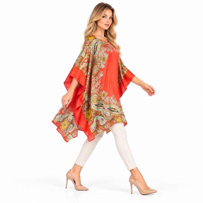 Elegant Coral Paisley Print Kaftan Top-3