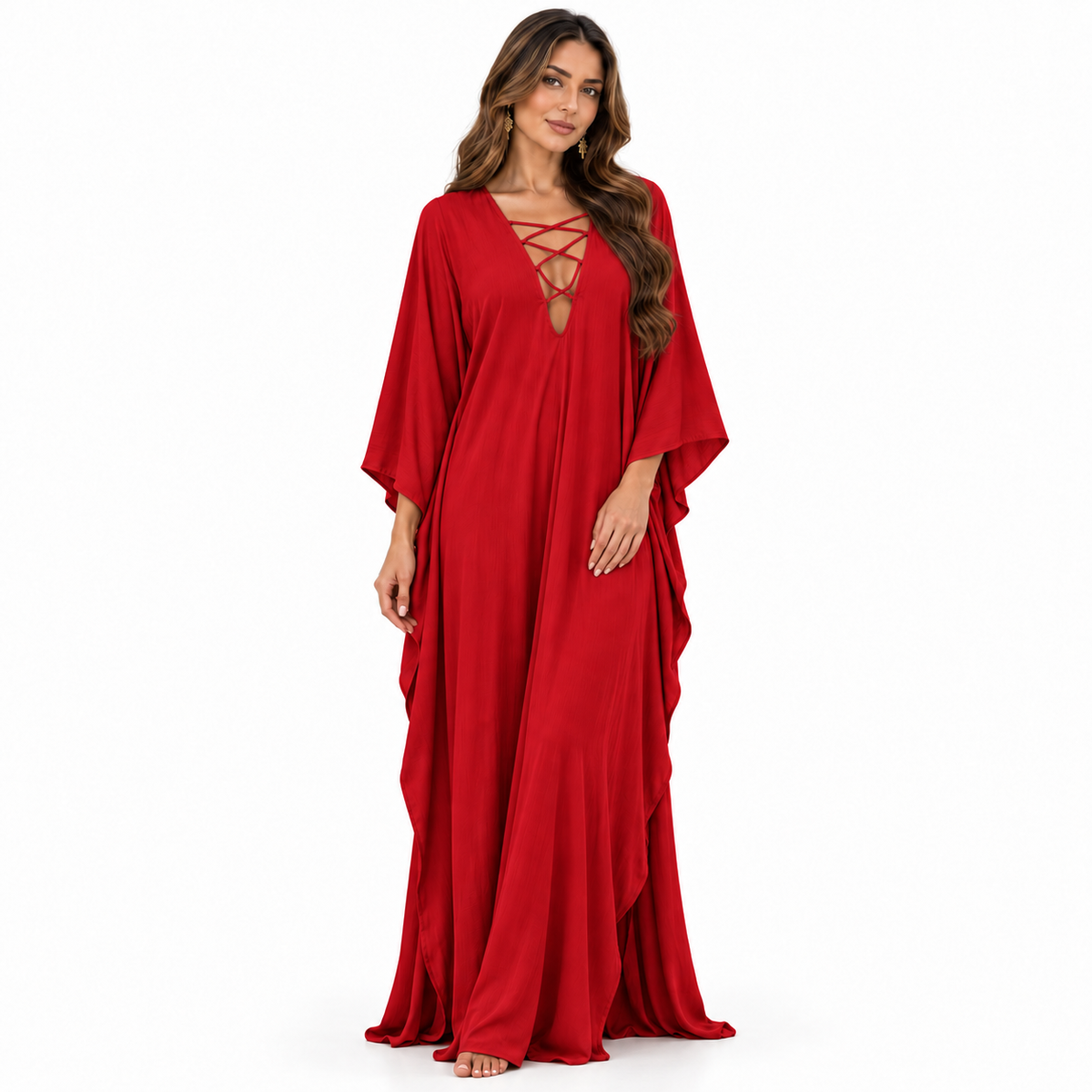 Red Lace-Up Flowing Kaftan Maxi Dress-1