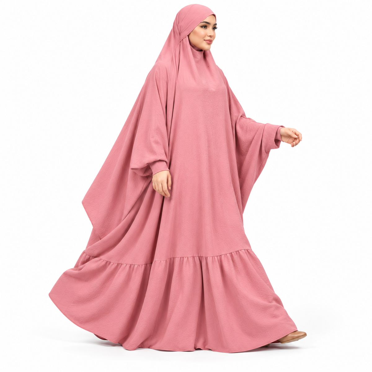 Elegant Pink Jilbab With Ruffled Hem-2