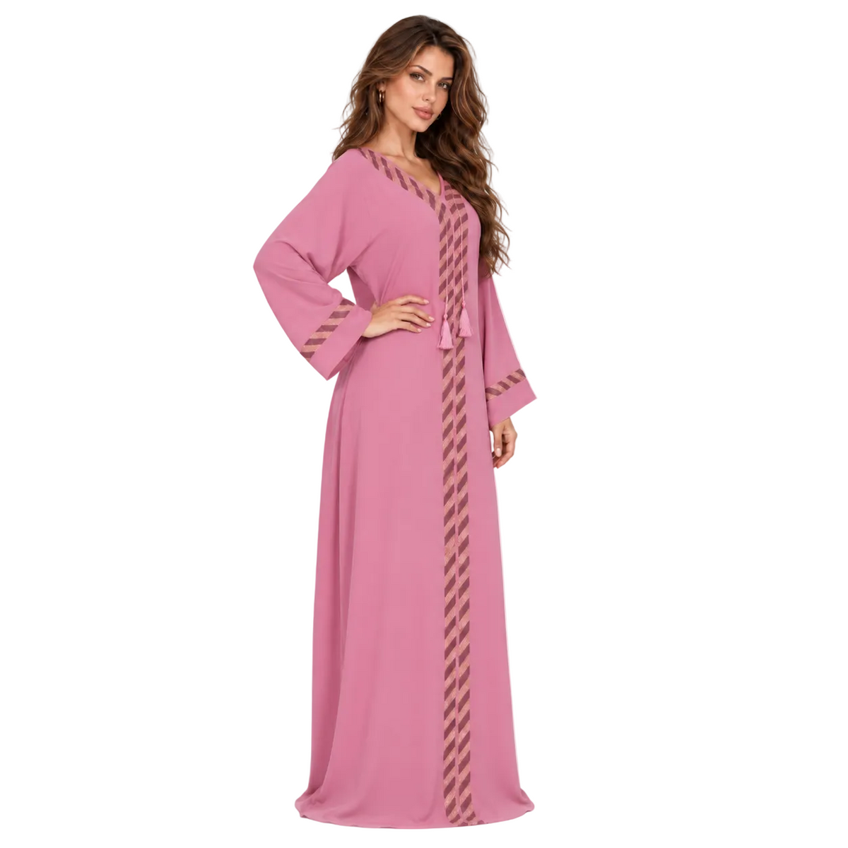 Elegant Pink Gold Trim Kaftan Dress-3