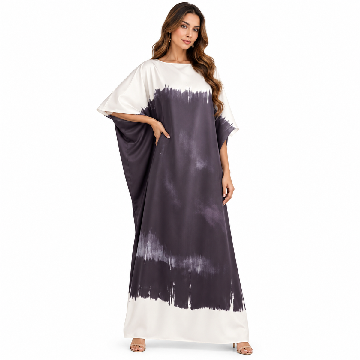 Off White Charcoal Brushstroke Kaftan Dress-1