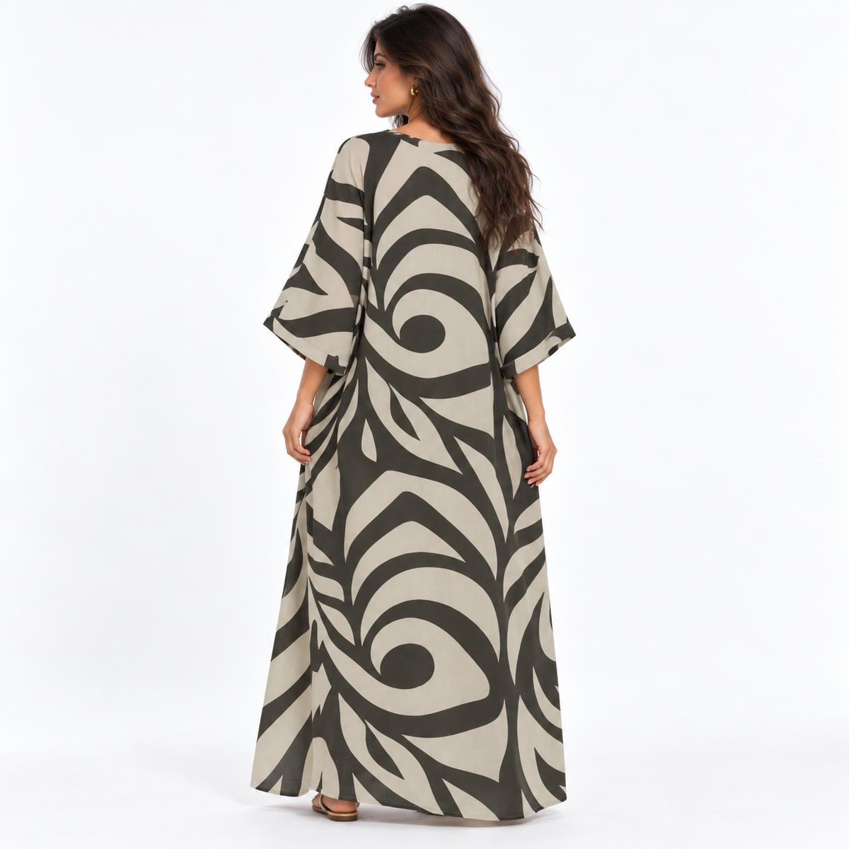 Rust Orange Abstract Print Linen Kaftan-4