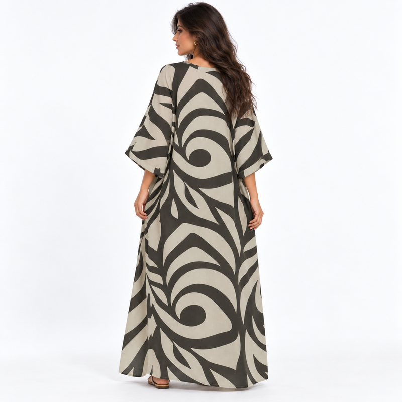 Rust Orange Abstract Print Linen Kaftan-4