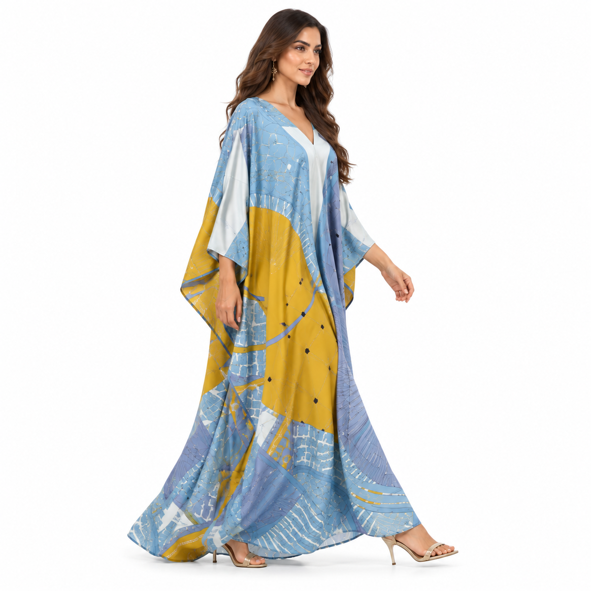 Blue Mustard Geometric pakistani Beach Kaftan