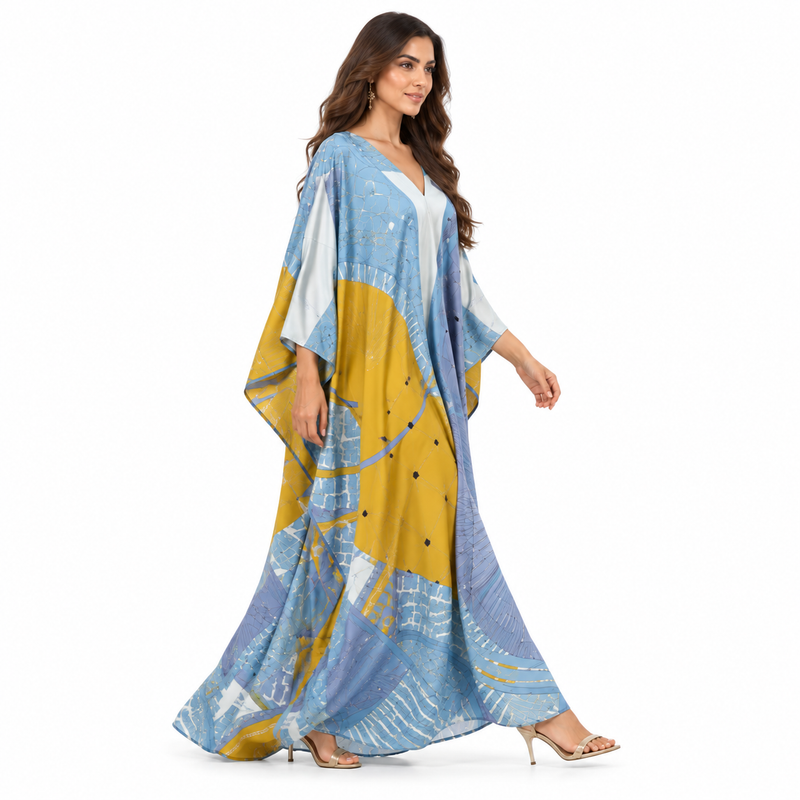 Blue Mustard Geometric Print Flowing Kaftan-2