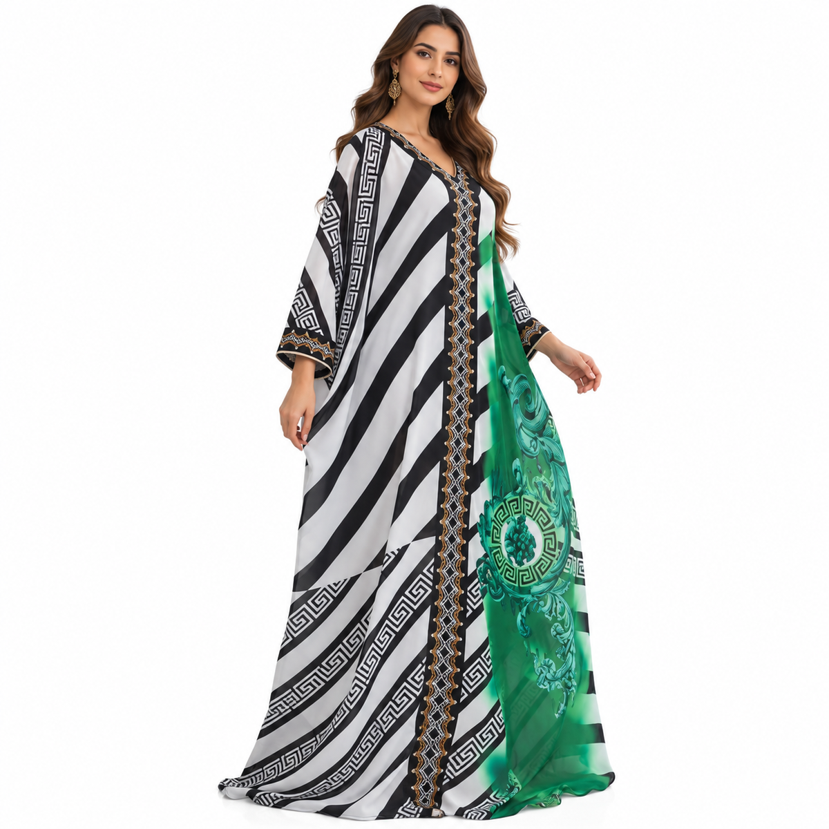 Emerald Geometric Printed Flowing Kaftan Dress-3