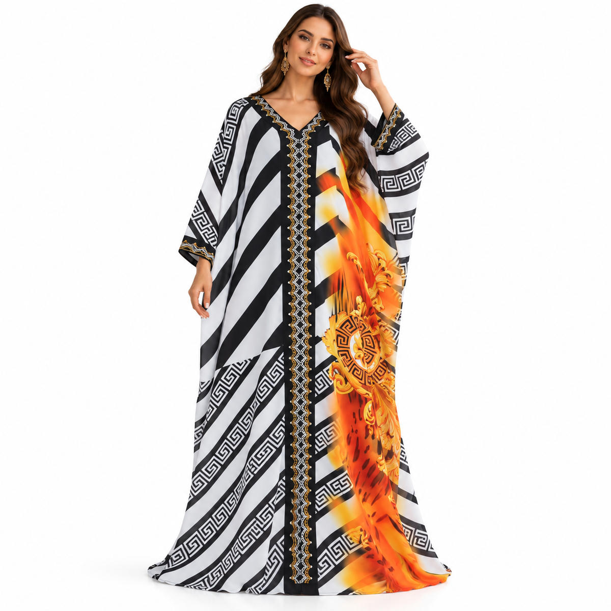 Orange Baroque Geometric Flowing Kaftan Dress-1