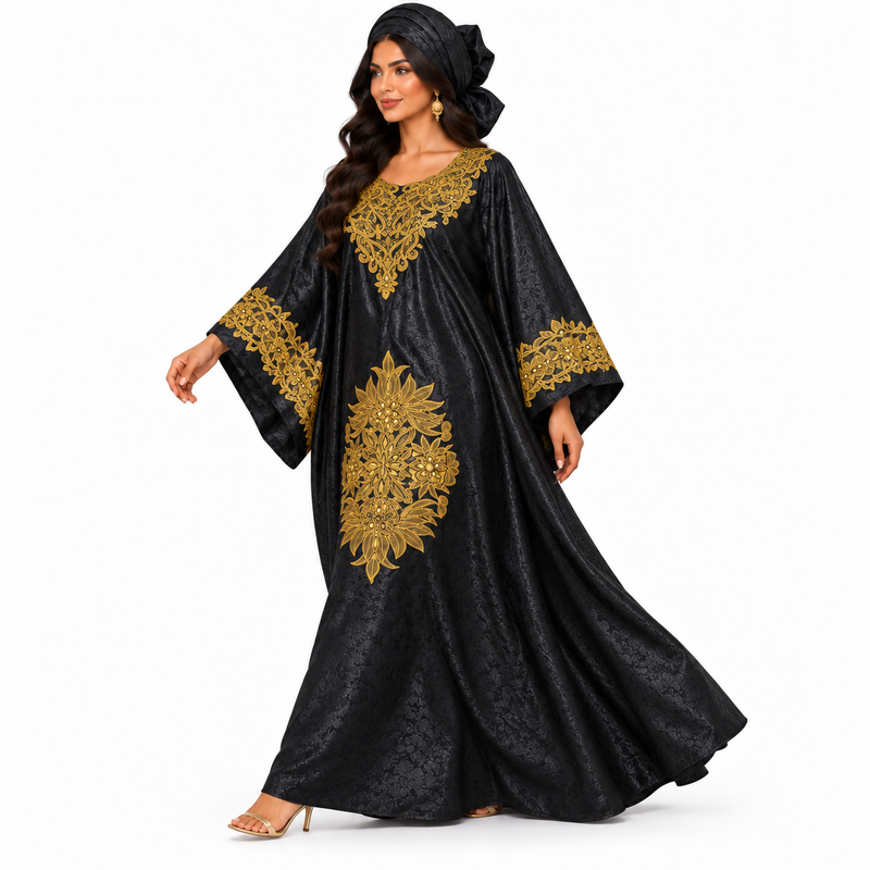 Black Gold Floral Embroidered Luxury Kaftan-4