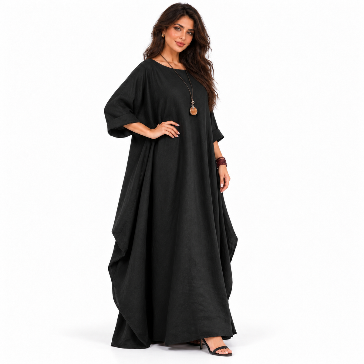 Elegant Black Cotton Linen Kaftan Maxi