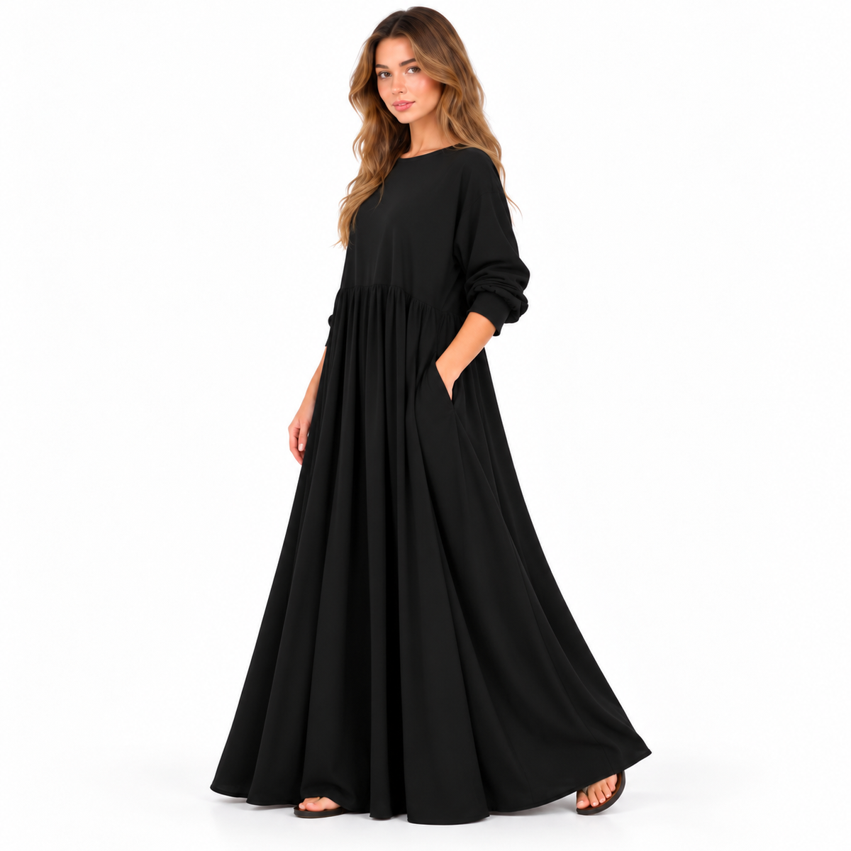 Cotton Kaftan Elegant Black Maxi Dress-3
