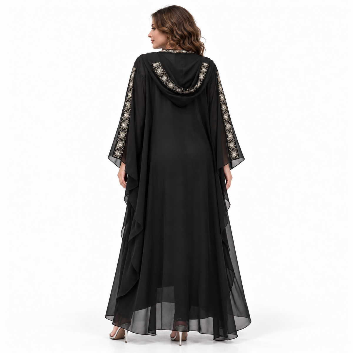 Elegant Black Embroidered Flowing Kaftan Dress-4