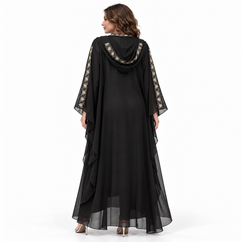 Elegant Black Embroidered Flowing Kaftan Dress-4