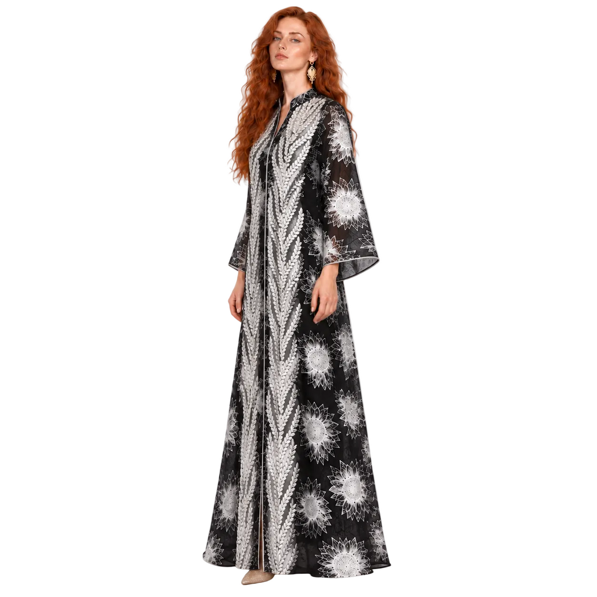 Black White Floral Satin Lebaran Kaftan-3