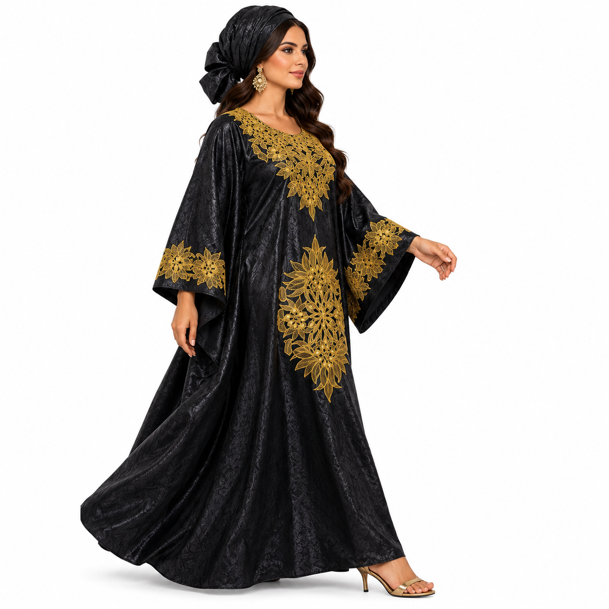 Black Gold Floral Embroidered Luxury Kaftan-2