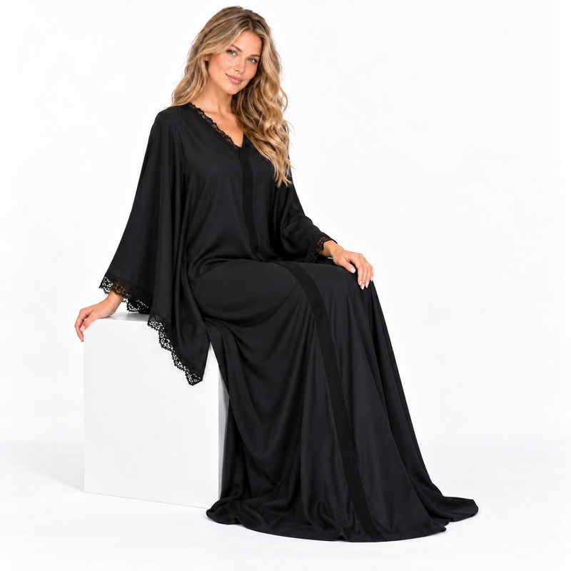 Black Lace Trim Silk Satin Kaftan-3