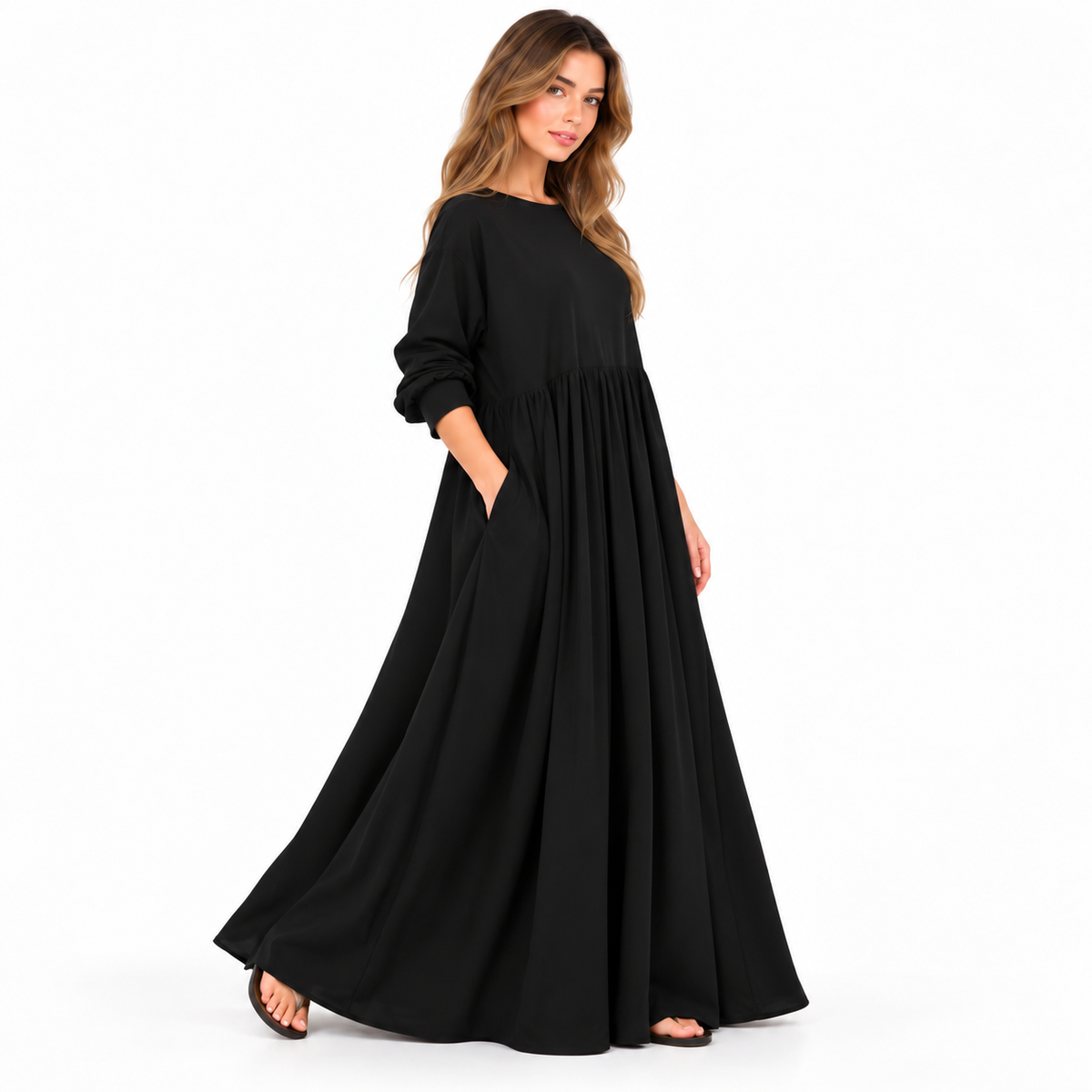 Cotton Kaftan Elegant Black Maxi Dress