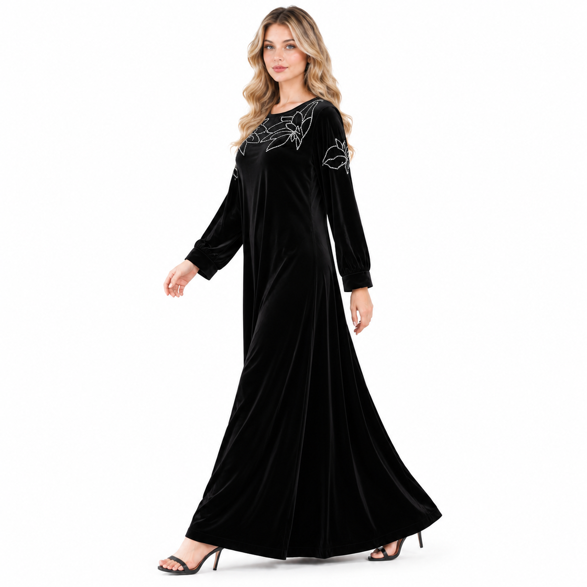 Elegant Black Velvet Floral Embroidered Kaftan