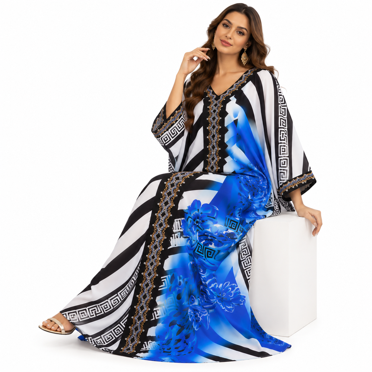 Navy Blue Geometric Floral Luxury Kaftan-2