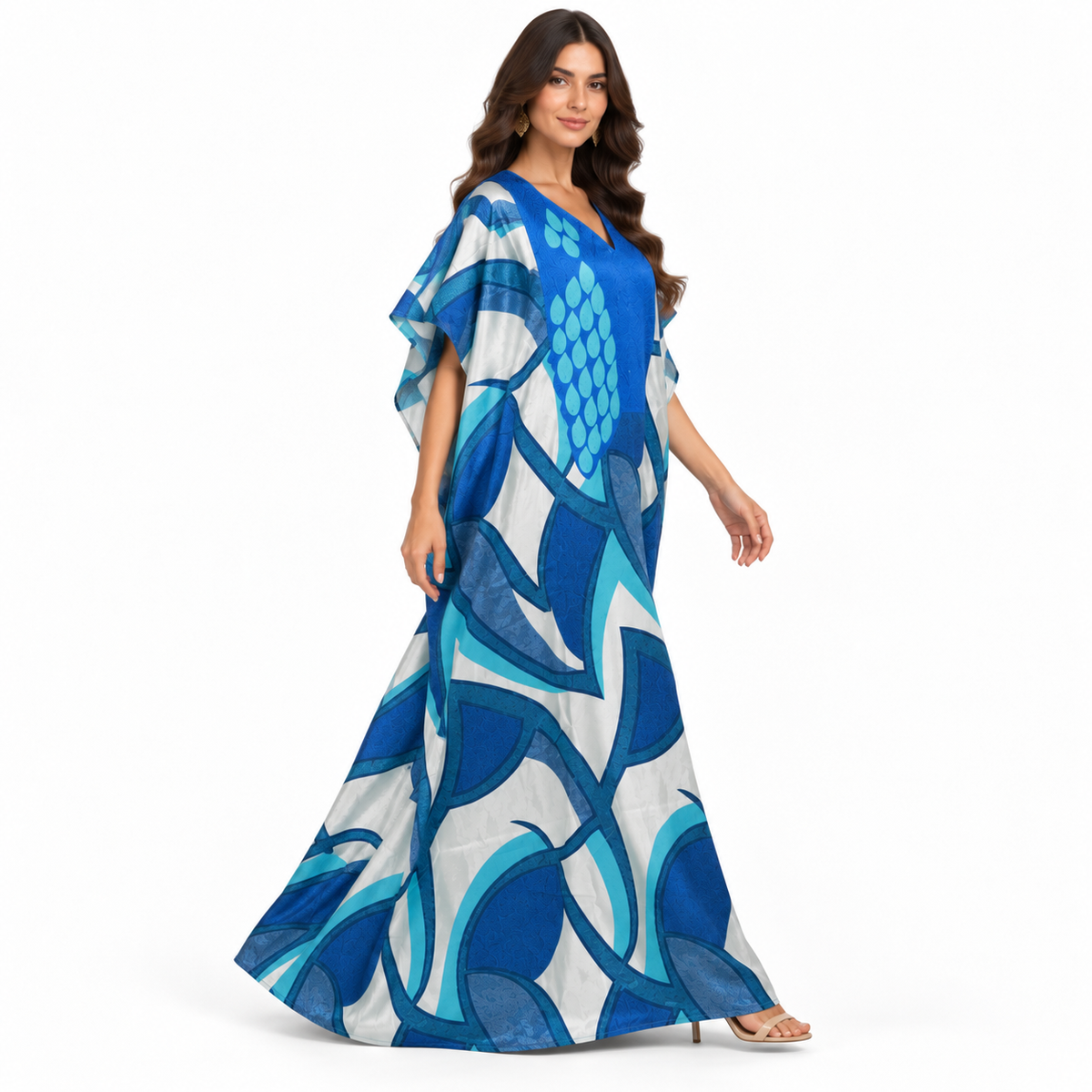 Blue Abstract Print Flowing Kaftan Dress-3