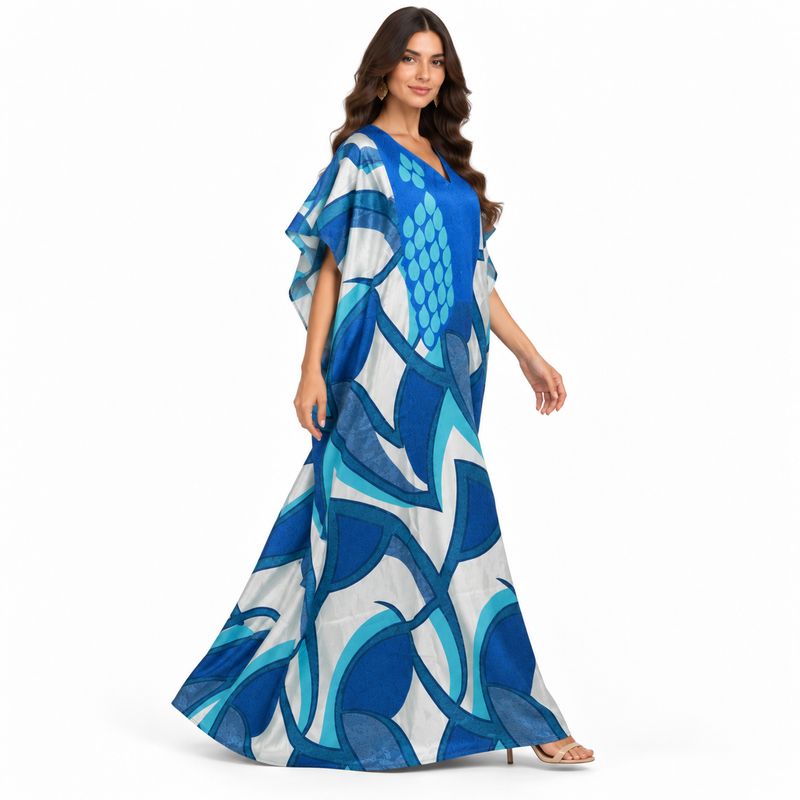 Blue Abstract Print Flowing Kaftan Dress-3