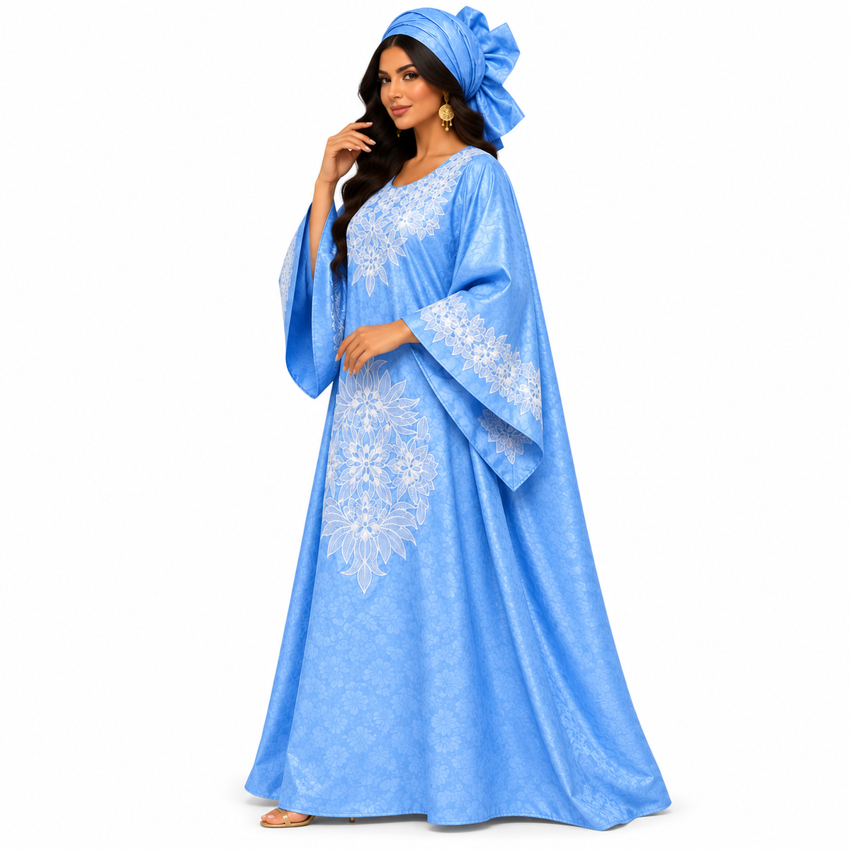 Sky Blue White Embroidered Luxury Kaftan-4