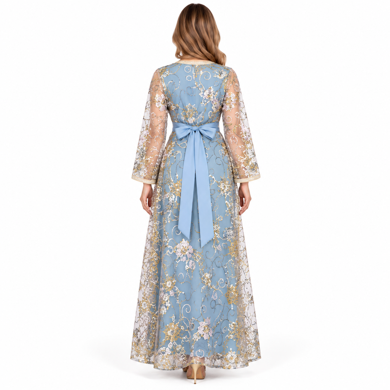 Elegant Blue Sequin Embroidered Kaftan Dress-4