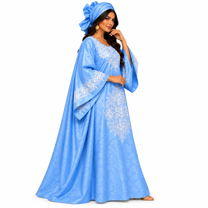 Sky Blue White Embroidered Luxury Kaftan-2