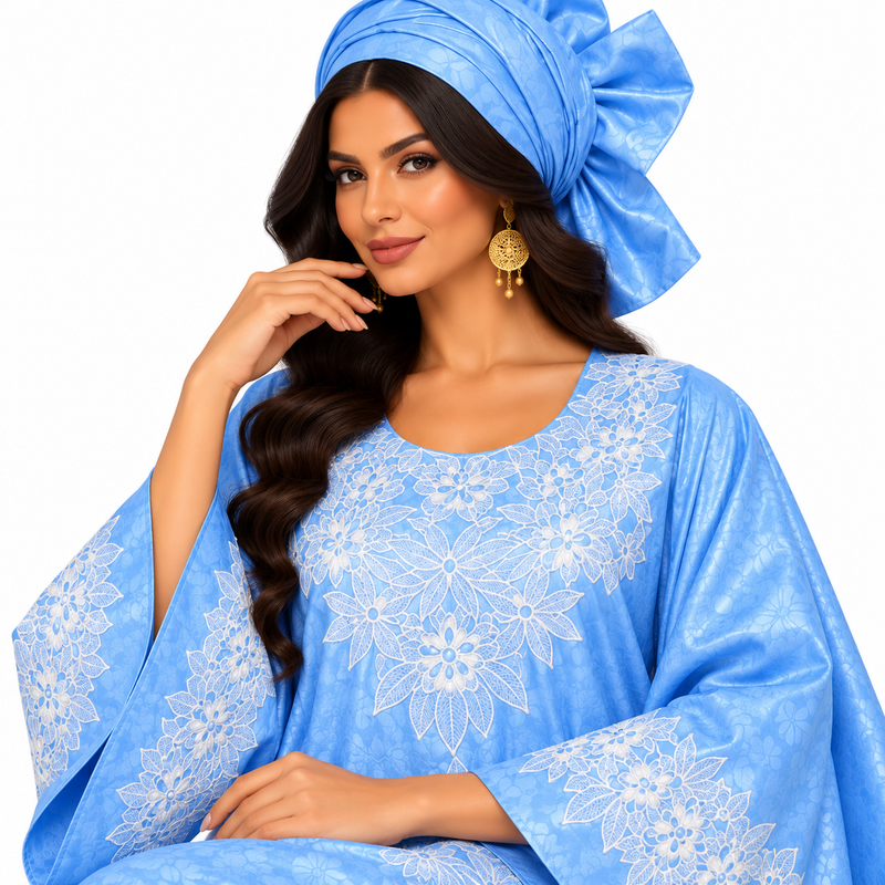 Sky Blue White Embroidered Luxury Kaftan-3