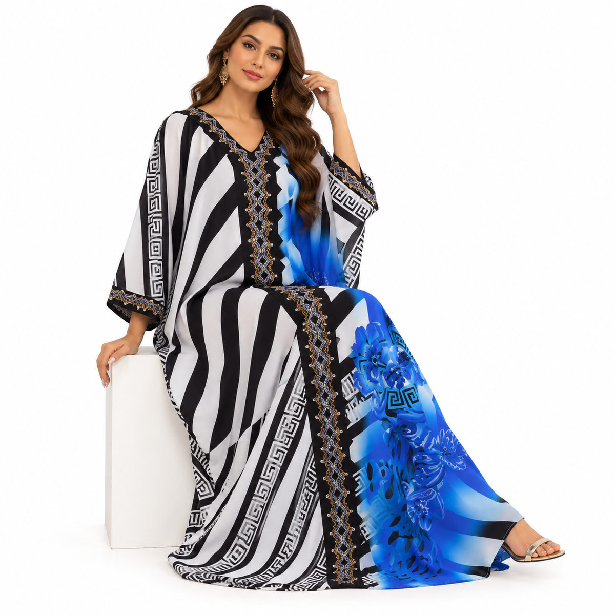 Navy Blue Geometric Floral Luxury Kaftan-3