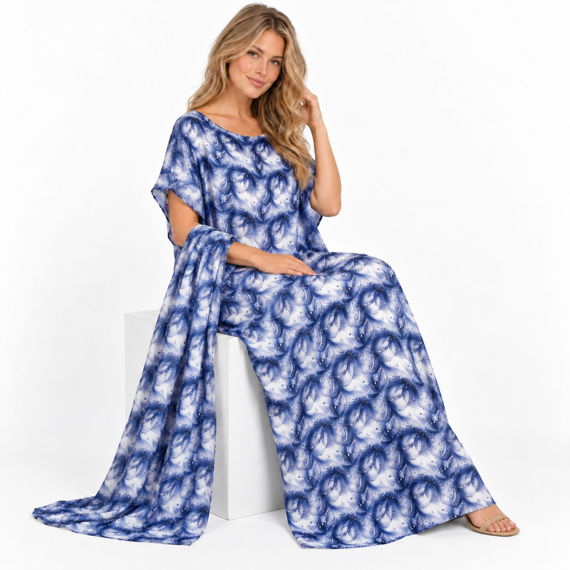 Blue Abstract Print Silk Satin Kaftan-3