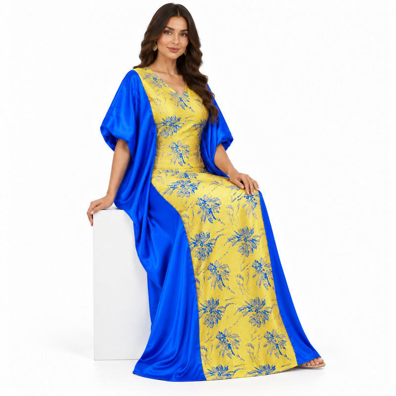 Royal Blue Gold Floral Satin Kaftan-2