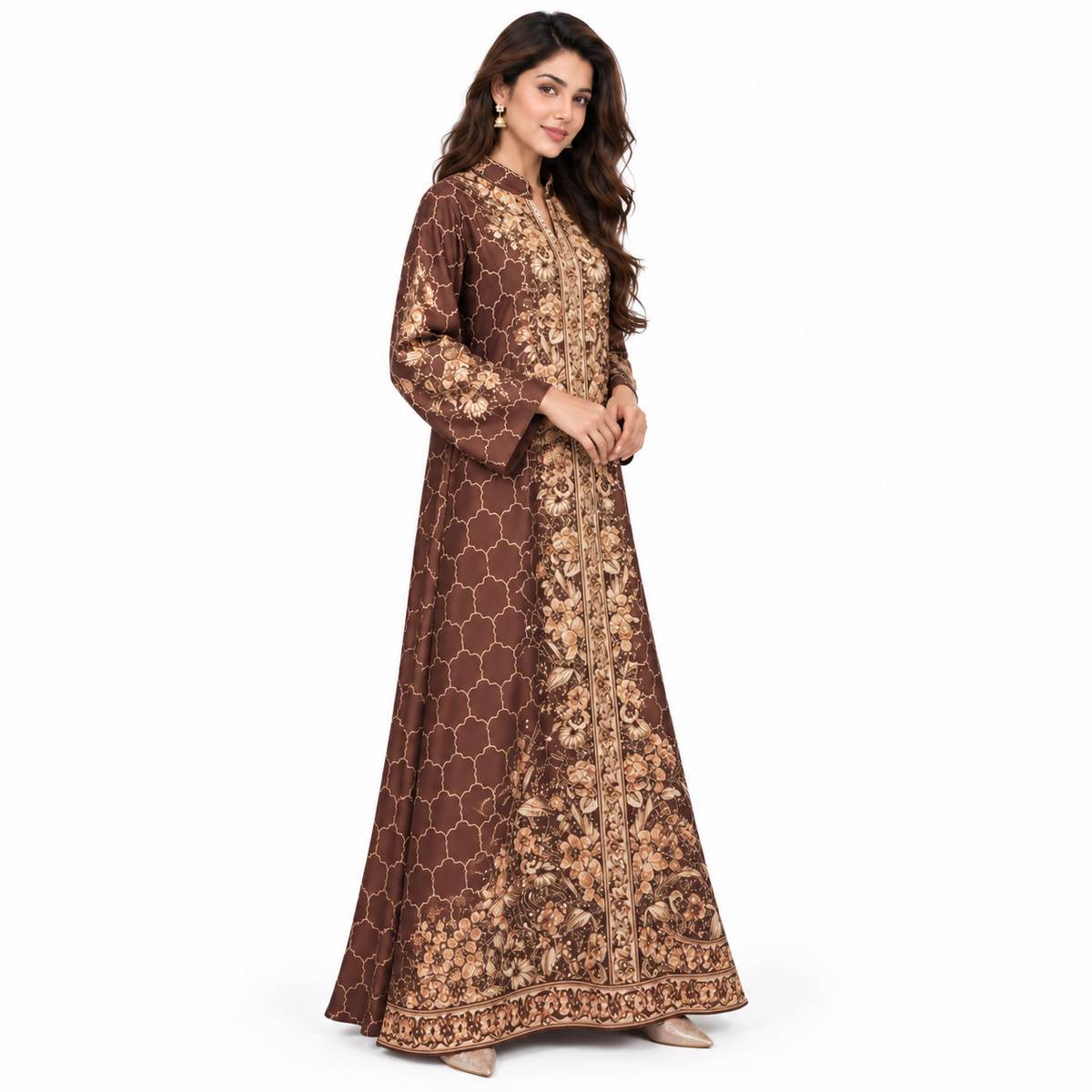 Elegant Pakistani Embroidered Brown Floral Kaftan
