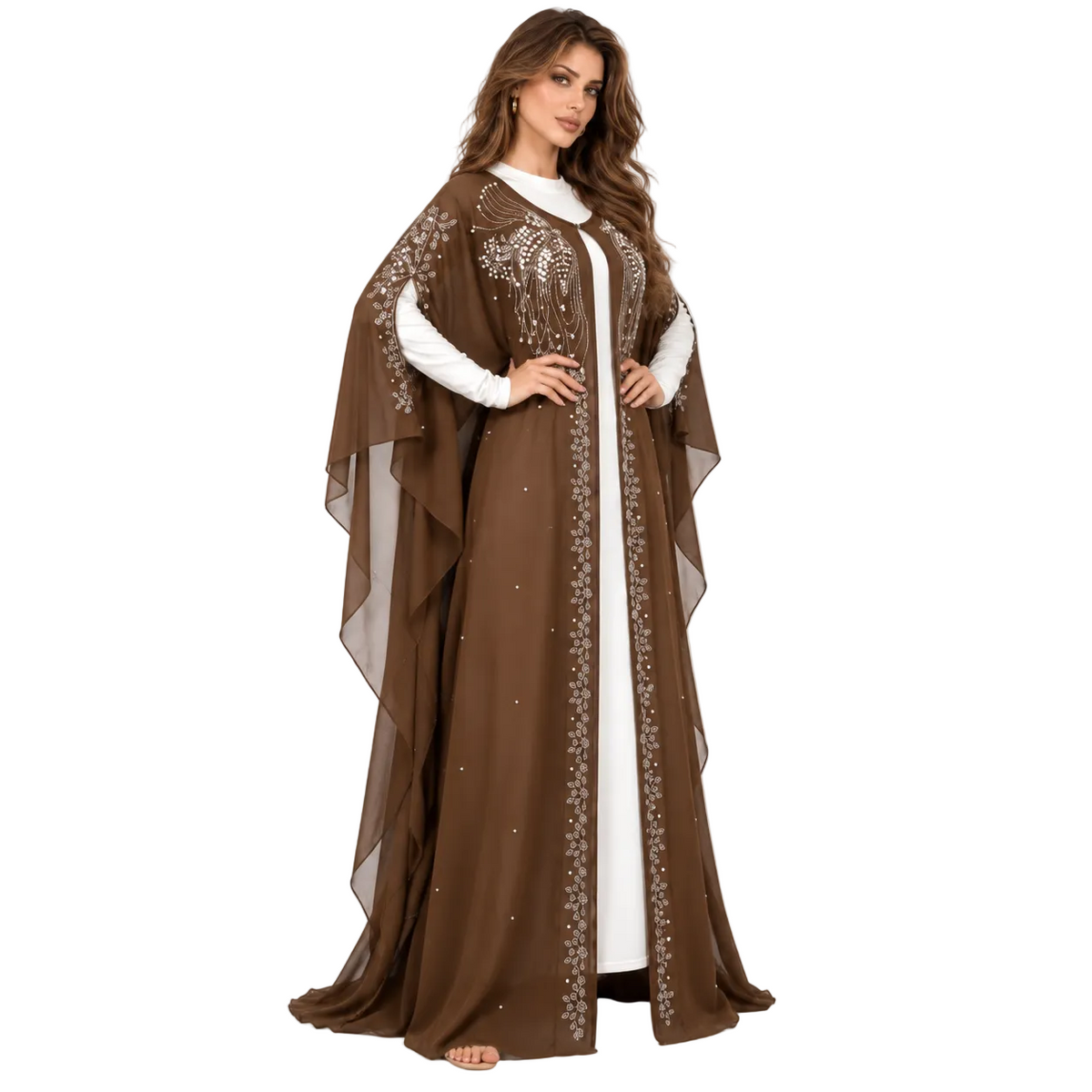 Coffee Embellished Flowing Evening Elegant Kaftan