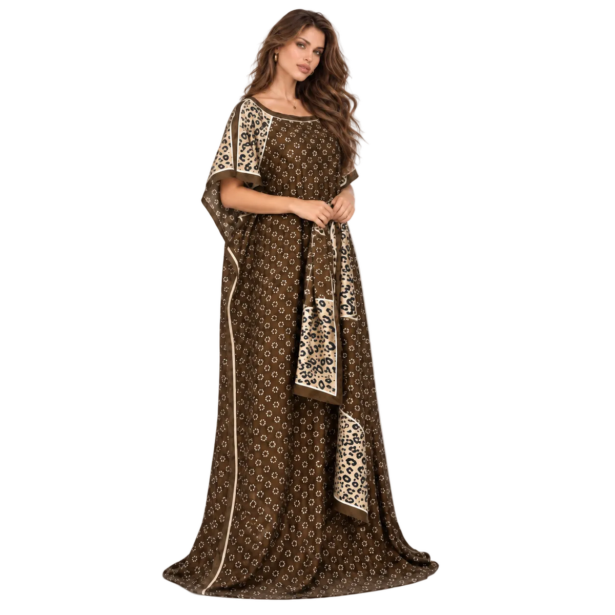 Brown Leopard Trim Printed Luxury Kaftan-2