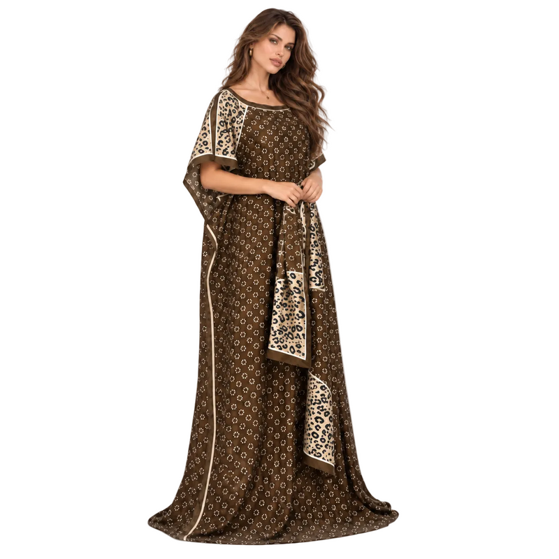 Brown Leopard Trim Printed Luxury Kaftan-2