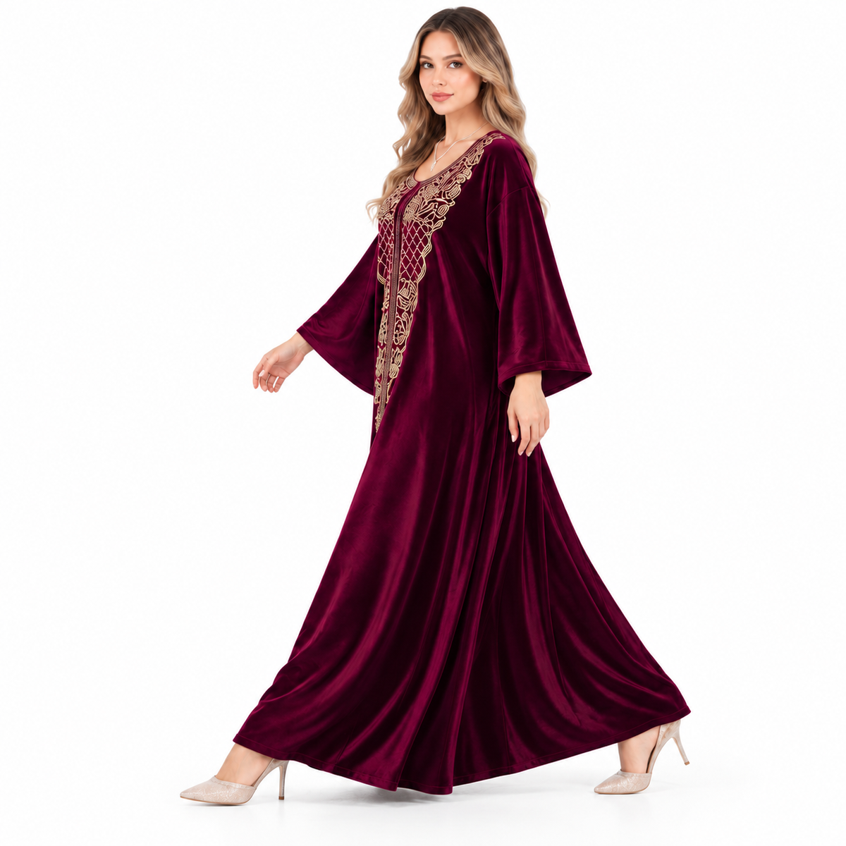 Wine Red Velvet Kaftan With Embroidery-3