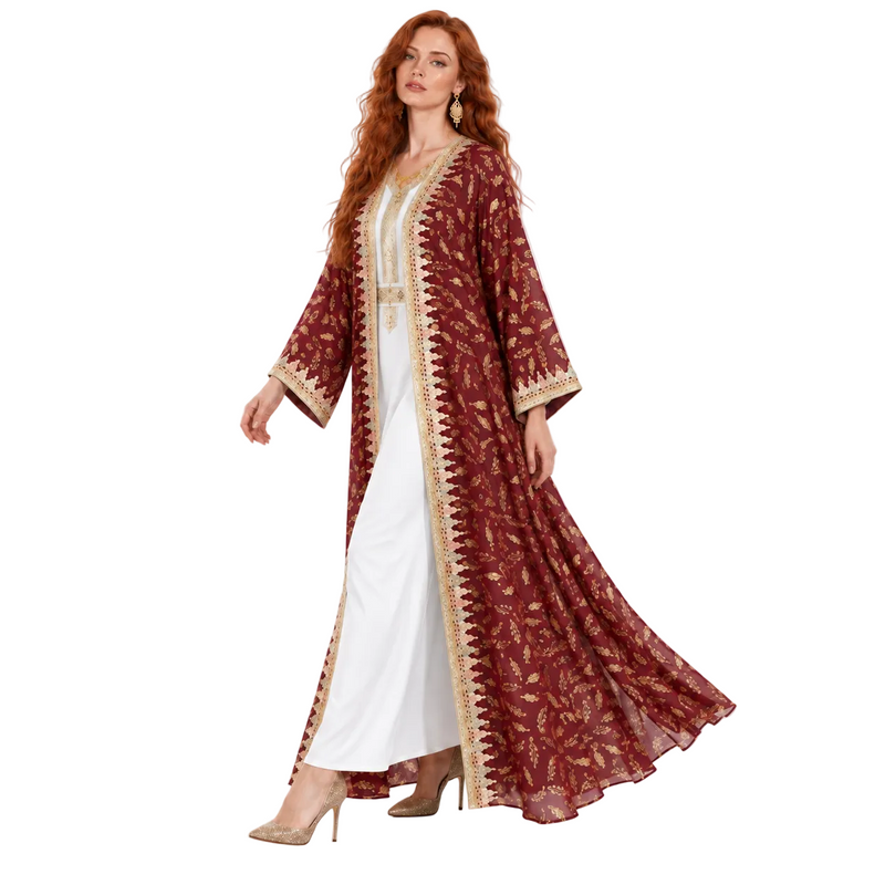 Burgundy Gold Floral Embroidered Lebaran Kaftan-3