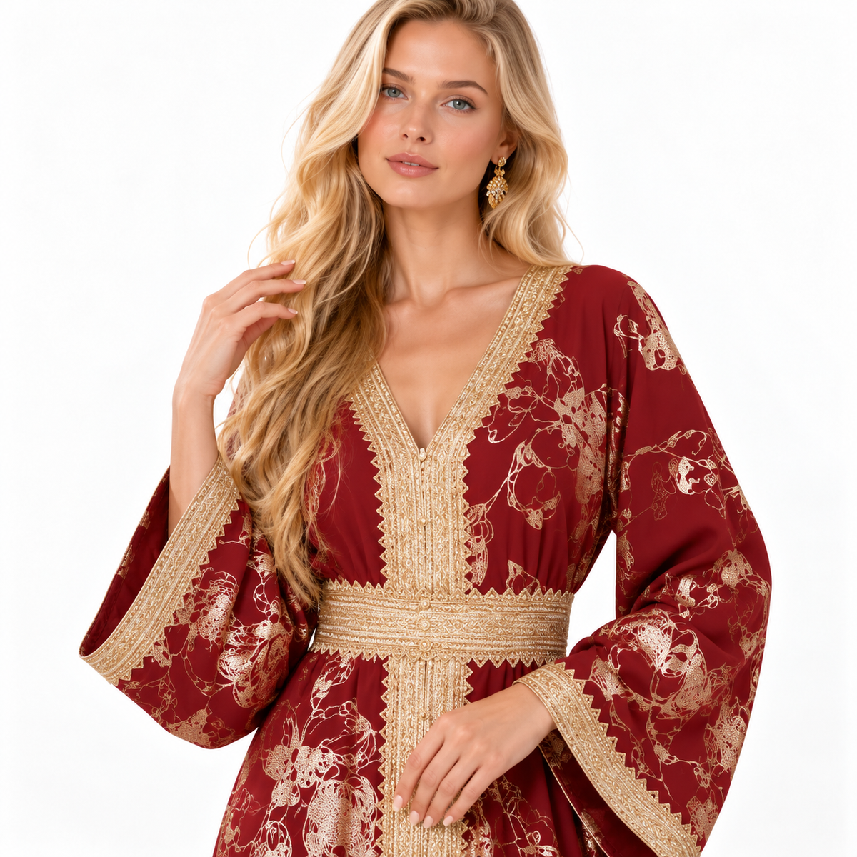 Red Gold Embroidered Luxury Gamis Kaftan-4