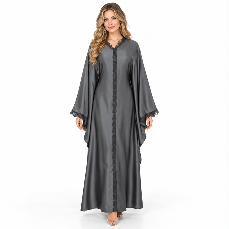 Grey Lace Trimmed Silk Satin Kaftan-1