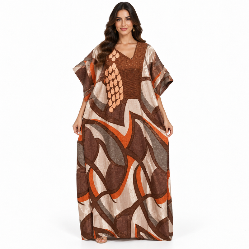 Brown Rust Abstract Print Flowing Kaftan-1