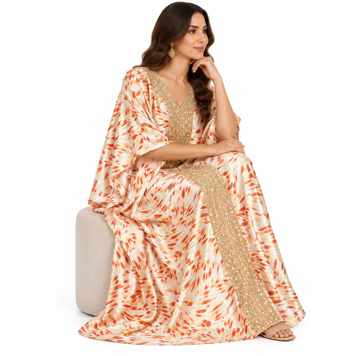 Champagne Orange Embellished Satin Flowing Kaftan-2