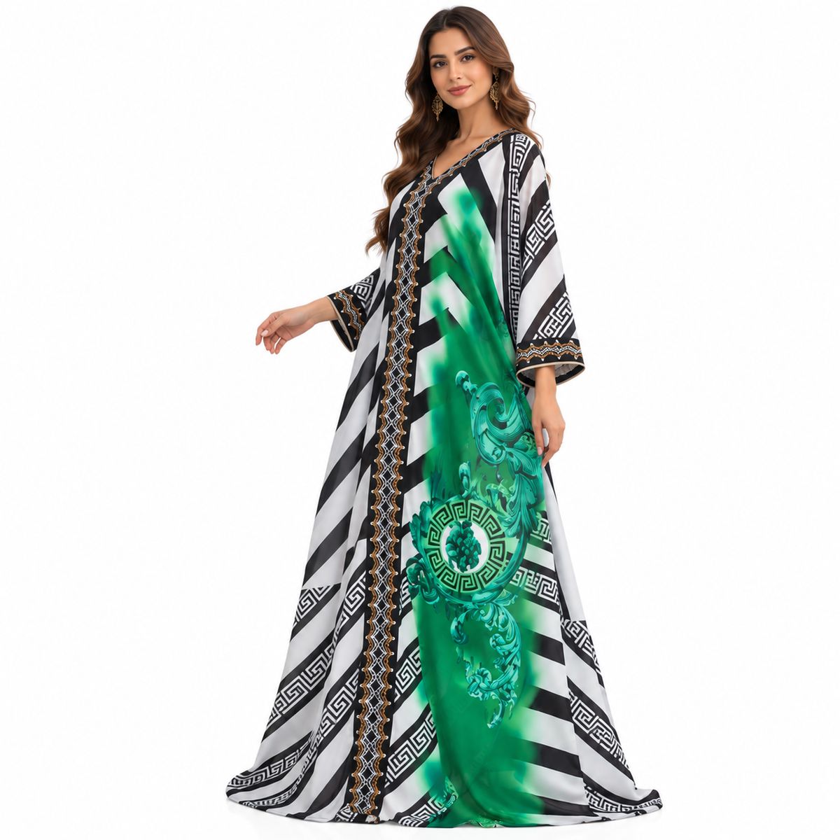 Emerald Geometric Printed Flowing Baju Kaftan