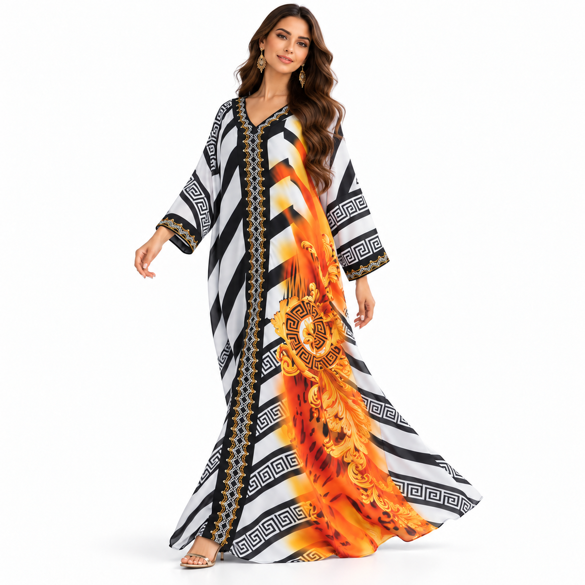 Orange Baroque Geometric Flowing Kaftan Dress-3