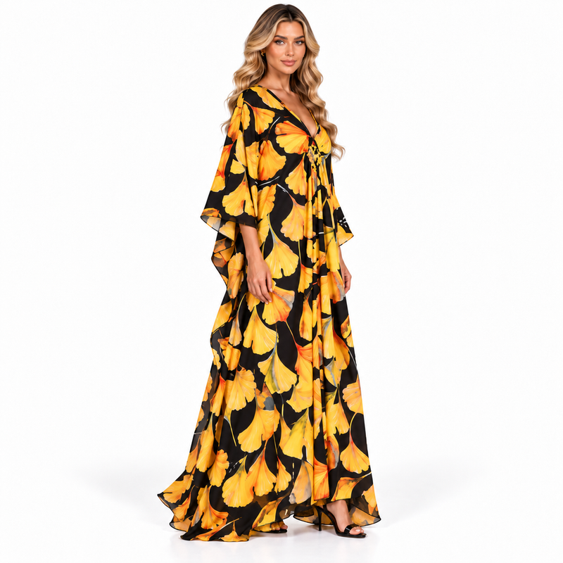 Elegant Yellow Floral Print Modern Kaftan-2