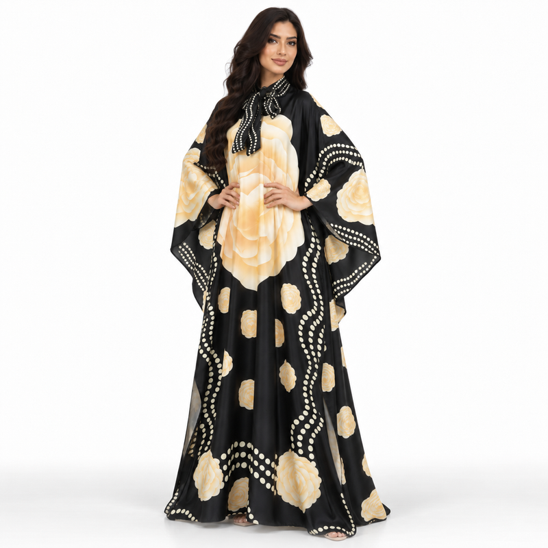 Elegant Black Floral Printed Satin Kaftan-3