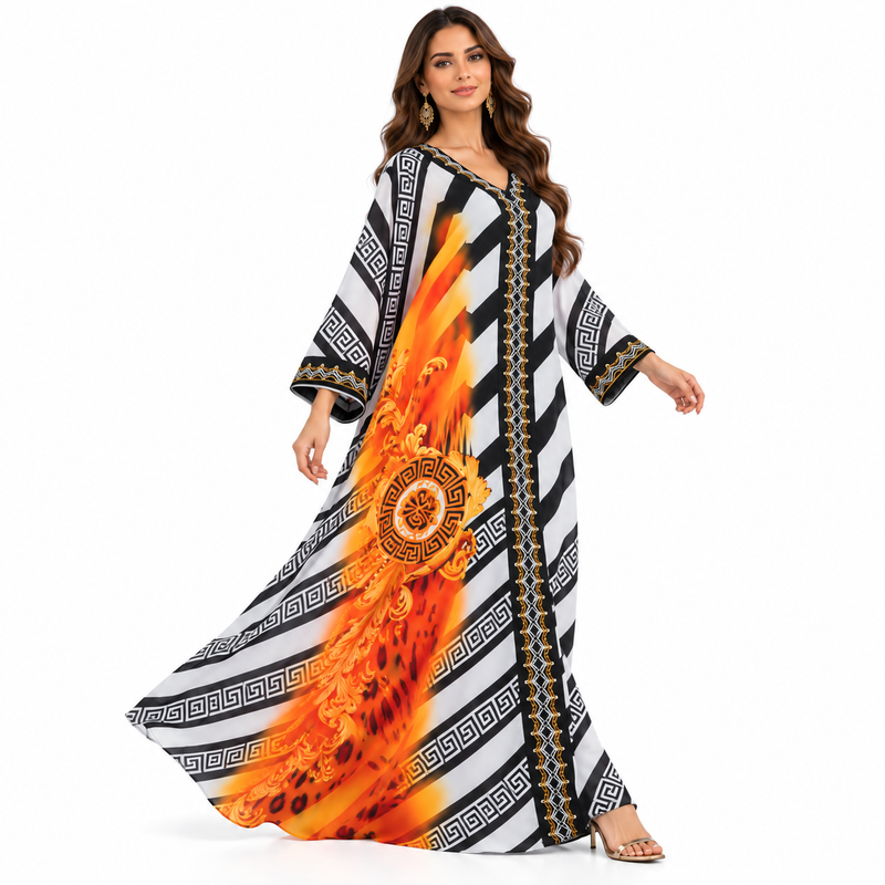 Orange Baroque Geometric Flowing Kaftan Dress-2