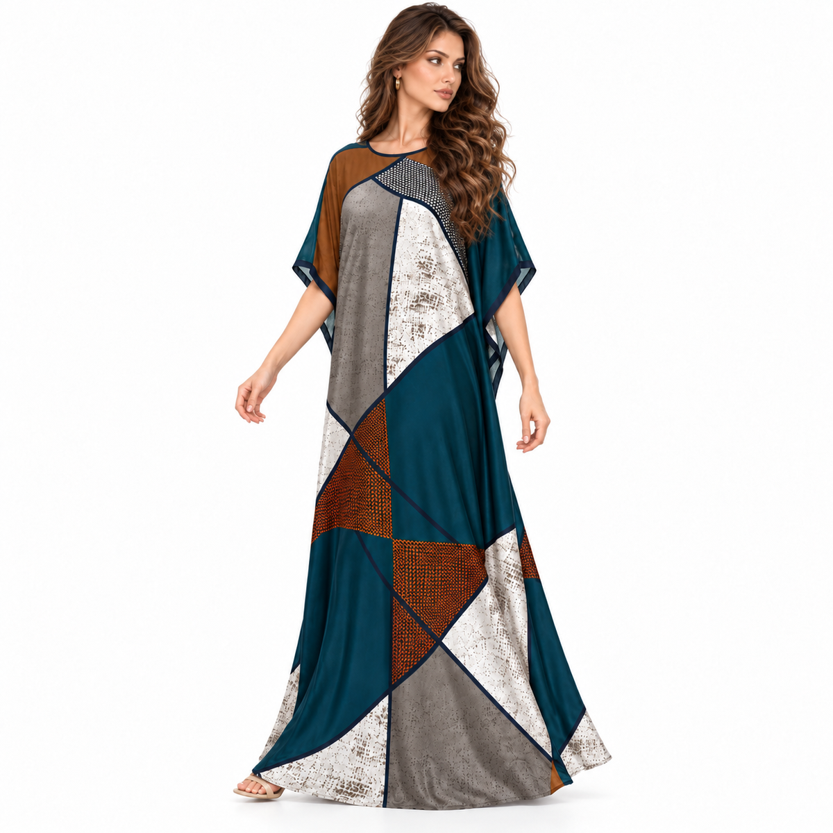 Blue Geometric Patchwork Flowing Kaftan Dress-3