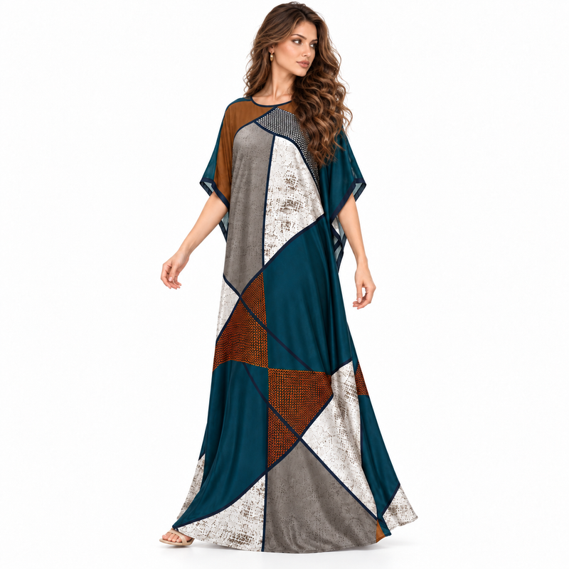 Blue Geometric Patchwork Flowing Kaftan Dress-3