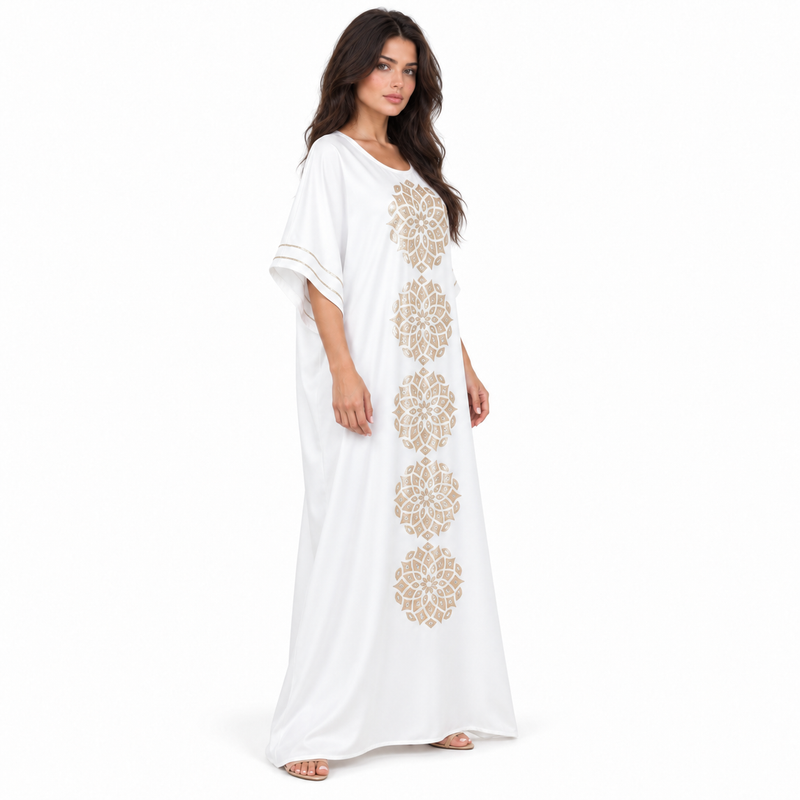 Elegant Gold Floral Embroidered White Kaftan-3